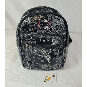 Sakroots Peace Print Backpack Black White Coated Canvas Floral Peacock Bag